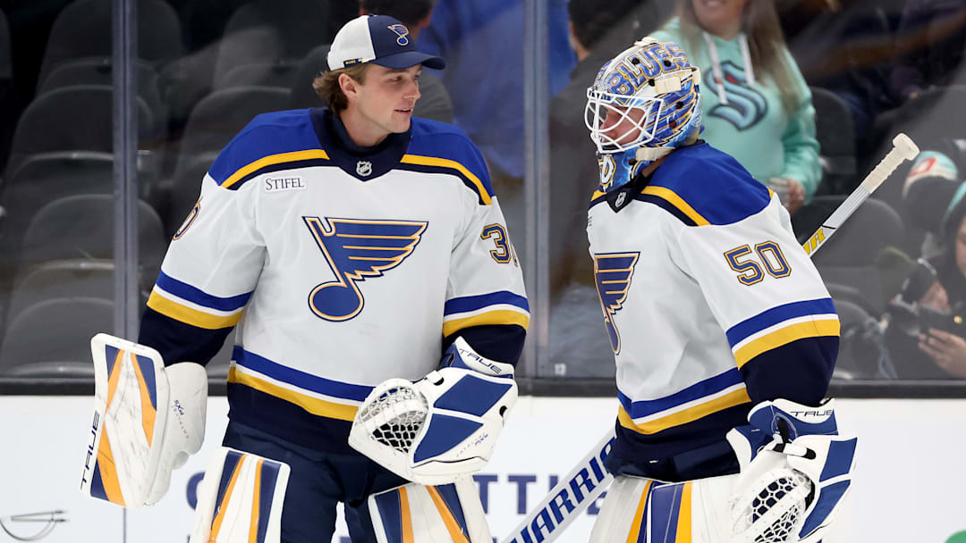 St. Louis Blues netminders Joel Hofer and Jordan Binnington