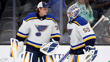 St. Louis Blues netminders Joel Hofer and Jordan Binnington