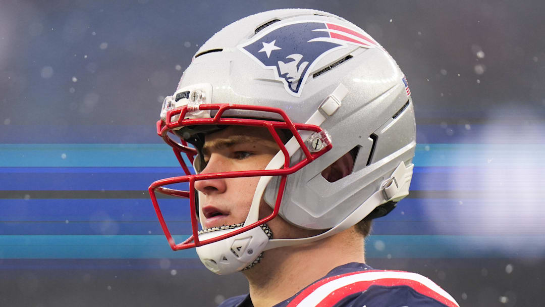 Jan 18, 2026; Foxborough, MA, USA; New England Patriots quarterback Drake Maye (10) warms up before an AFC Divisional Round game against the Houston Texans at Gillette Stadium. Mandatory Credit: David Butler II-Imagn Images