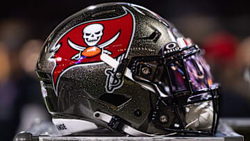 Oct 13, 2024; New Orleans, Louisiana, USA;  Detailed view of the Tampa Bay Buccaneers helmet against the New Orleans Saints during the first half at Caesars Superdome. Mandatory Credit: Stephen Lew-Imagn Images