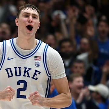 Dec 4, 2024; Durham, North Carolina, USA; Duke Blue Devils forward Cooper Flagg (2) reacts at the end of a game against the Auburn Tigers at Cameron Indoor Stadium.  The Blue Devils won 84-78.   Mandatory Credit: Rob Kinnan-Imagn Images