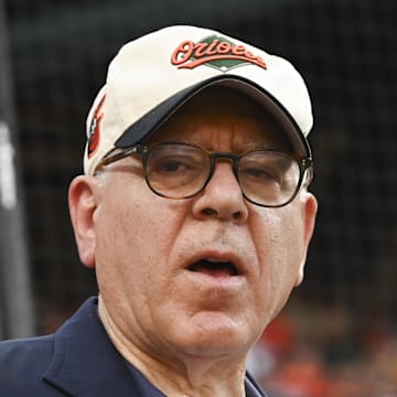 Jun 28, 2024; Baltimore, Maryland, USA; Baltimore Orioles owner David Rubenstein on the field before the game against the Texas Rangers  at Oriole Park at Camden Yards. Mandatory Credit: Tommy Gilligan-Imagn Images