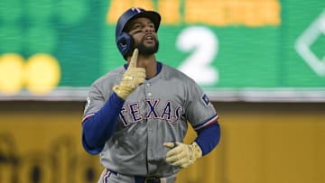 Apr 24, 2025; West Sacramento, California, USA; Texas Rangers outfielder Leody Taveras (3) points to the sky after hitting a home run against the Athletics during the fourth inning at Sutter Health Park. 