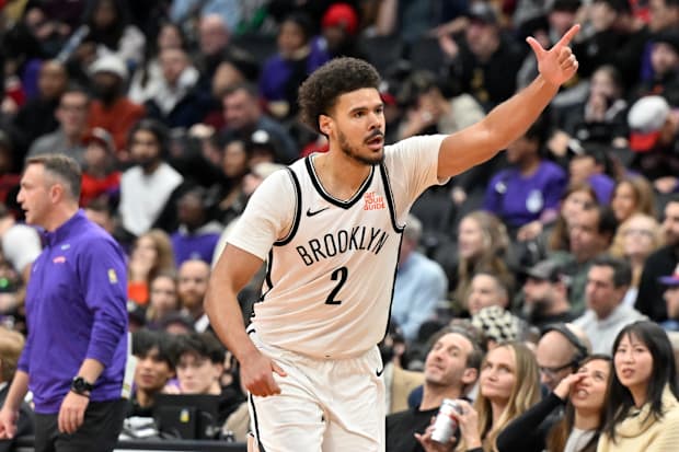 Brooklyn Nets forward Cam Johnson (2) reacts after making a three point basket against the Toronto Raptors