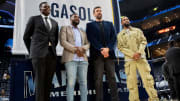 Former Grizzlies players Zach Randolph, Tony Allen, Marc Gasol and Mike Conley, known as the “Core Four,” pose for a photo after the jersey retirement ceremony for Gasol at FedExForum in Memphis, Tenn., on Saturday, April 6, 2024.
