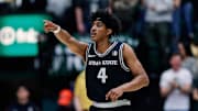 Feb 17, 2024; Fort Collins, Colorado, USA; Utah State Aggies guard Ian Martinez (4) gestures in the first half against the Colorado State Rams at Moby Arena. Mandatory Credit: Isaiah J. Downing-Imagn Images