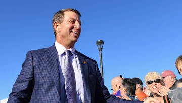 Clemson Tigers head coach Dabo Swinney shakes hands Saturday, Nov. 1, 2025, ahead of the NCAA football game against the Duke Blue Devils at Memorial Stadium in Clemson, South Carolina.