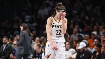 Jun 2, 2024; Brooklyn, New York, USA;  Indiana Fever guard Caitlin Clark (22) walks back to the bench in the third quarter against the New York Liberty at Barclays Center.