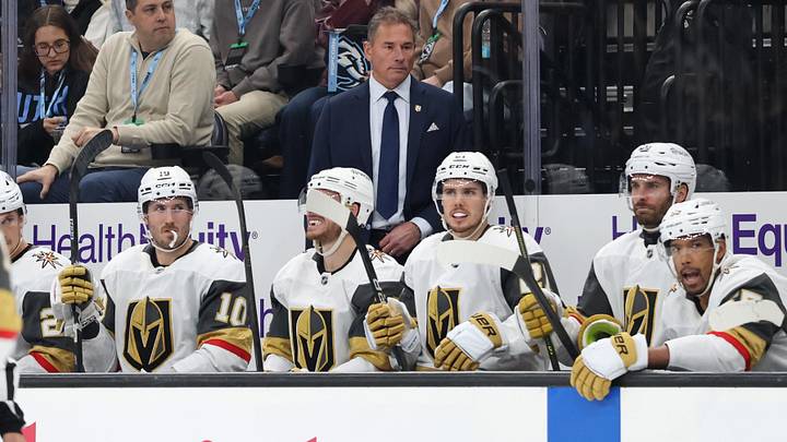 Nov 24, 2025; Salt Lake City, Utah, USA; Vegas Golden Knights head coach Bruce Cassidy watches play against the Utah Mammoth during the second period at Delta Center. Mandatory Credit: Rob Gray-Imagn Images