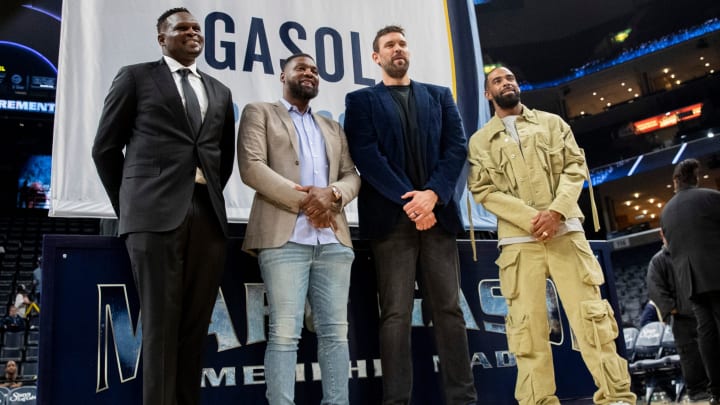 Former Grizzlies players Zach Randolph, Tony Allen, Marc Gasol and Mike Conley after the jersey retirement ceremony for Gasol at FedExForum.