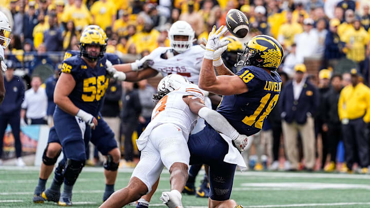 Michigan tight end Colston Loveland (18) fails to makes a catch against Texas defensive back Jaylon Guilbeau (3) for a two point conversion during the second half at Michigan Stadium in Ann Arbor on Saturday, September 7, 2024.