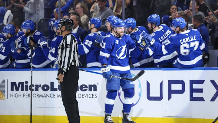 Apr 13, 2026; Tampa, Florida, USA; Tampa Bay Lightning defenseman Erik Cernak (81) reacts after scoring a goal against the Detroit Red Wings in the second period at Benchmark International Arena. Mandatory Credit: Nathan Ray Seebeck-Imagn Images Apr 13, 2026; Tampa, Florida, USA; Tampa Bay Lightning defenseman Erik Cernak (81) reacts after scoring a goal against the Detroit Red Wings in the second period at Benchmark International Arena. Mandatory Credit: Nathan Ray Seebeck-Imagn Images