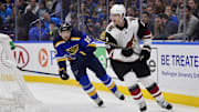 Nov 9, 2017; St. Louis, MO, USA; Arizona Coyotes defenseman Luke Schenn (2) skates against St. Louis Blues center Brayden Schenn (10) during the second period at Scottrade Center. Mandatory Credit: Jeff Curry-Imagn Images