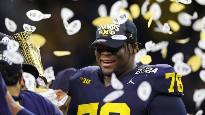 Jan 8, 2024; Houston, TX, USA; Michigan Wolverines defensive lineman Kenneth Grant (78) celebrates after winning 2024 College Football Playoff national championship game against the Washington Huskies at NRG Stadium. Mandatory Credit: Thomas Shea-USA TODAY Sports