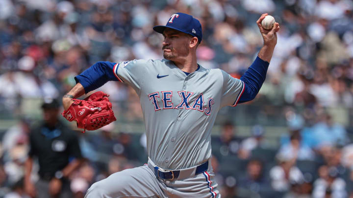 Aug 11, 2024; Bronx, New York, USA; Texas Rangers starting pitcher Andrew Heaney (44) delivers a pitch during the first inning against the New York Yankees at Yankee Stadium. 