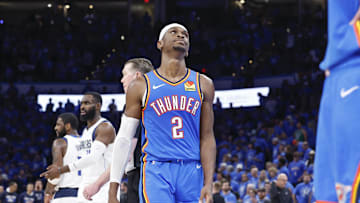 May 9, 2024; Oklahoma City, Oklahoma, USA; Oklahoma City Thunder guard Shai Gilgeous-Alexander (2) reacts after a play against the Dallas Mavericks during the second half of game two of the second round for the 2024 NBA playoffs at Paycom Center. Mandatory Credit: Alonzo Adams-Imagn Images