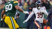 Chicago Bears safety C.J. Gardner-Johnson (35) returns an interception against the Green Bay Packers on Sunday, December 7, 2025, at Lambeau Field in Green Bay, Wis. The Packers won the game, 28-21.Tork Mason/USA TODAY NETWORK-Wisconsin