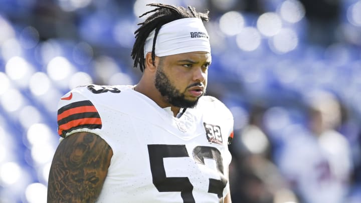 Nov 12, 2023; Baltimore, Maryland, USA;  Cleveland Browns center Nick Harris (53) before the game against the Baltimore Ravens at M&T Bank Stadium. Mandatory Credit: Tommy Gilligan-USA TODAY Sports