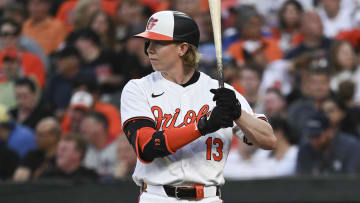 May 1, 2024; Baltimore, Maryland, USA;  Baltimore Orioles outfielder Heston Kjerstad (13) stands at bat during the third inning against the New York Yankees at Oriole Park at Camden Yards. Mandatory Credit: Tommy Gilligan-USA TODAY Sports