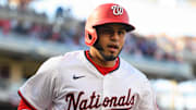 Mar 27, 2025; Washington, District of Columbia, USA; Washington Nationals catcher Keibert Ruiz (20) reacts after hitting a home run during the fifth inning against the Philadelphia Phillies at Nationals Park