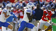 Sep 7, 2024; Oxford, Mississippi, USA; Middle Tennessee Blue Raiders wide receiver Omari Kelly (1) runs after a catch during the first half against the Mississippi Rebels at Vaught-Hemingway Stadium.