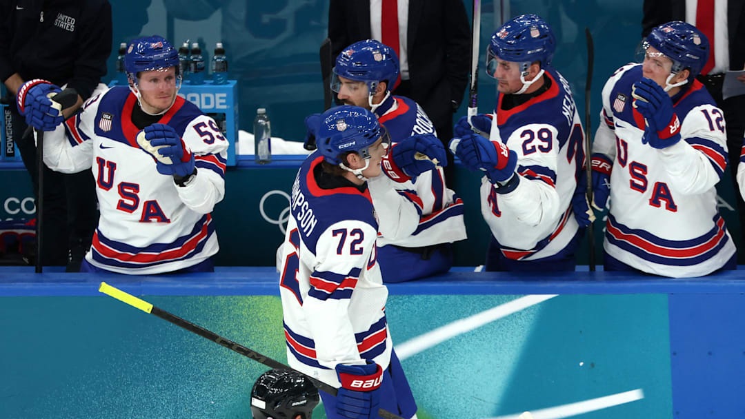 [US, Mexico & Canada customers only] Feb 12, 2026; Milan, Italy; Tage Thompson of United States celebrates scoring their third goal with teammates against Latvia in men's ice hockey group C play during the Milano Cortina 2026 Olympic Winter Games at Milano Santagiulia Ice Hockey Arena. Mandatory Credit: Mike Segar/Reuters via Imagn Images