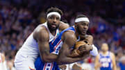 May 2, 2024; Philadelphia, Pennsylvania, USA; New York Knicks center Mitchell Robinson (23) and Philadelphia 76ers forward Paul Reed (44) wrestle for the ball during the second half of game six of the first round for the 2024 NBA playoffs at Wells Fargo Center. Mandatory Credit: Bill Streicher-USA TODAY Sports