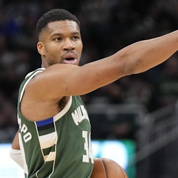Jan 8, 2025; Milwaukee, Wisconsin, USA;  Milwaukee Bucks forward Giannis Antetokounmpo (34) gestures during the third quarter against the San Antonio Spurs at Fiserv Forum. Mandatory Credit: Jeff Hanisch-Imagn Images