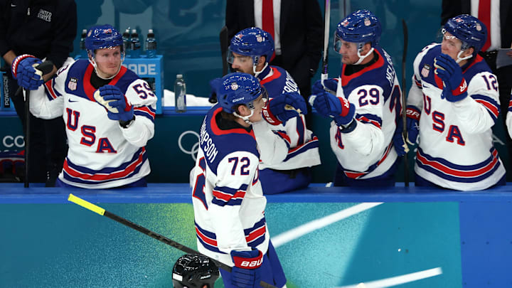 [US, Mexico & Canada customers only] Feb 12, 2026; Milan, Italy; Tage Thompson of United States celebrates scoring their third goal with teammates against Latvia in men's ice hockey group C play during the Milano Cortina 2026 Olympic Winter Games at Milano Santagiulia Ice Hockey Arena. Mandatory Credit: Mike Segar/Reuters via Imagn Images