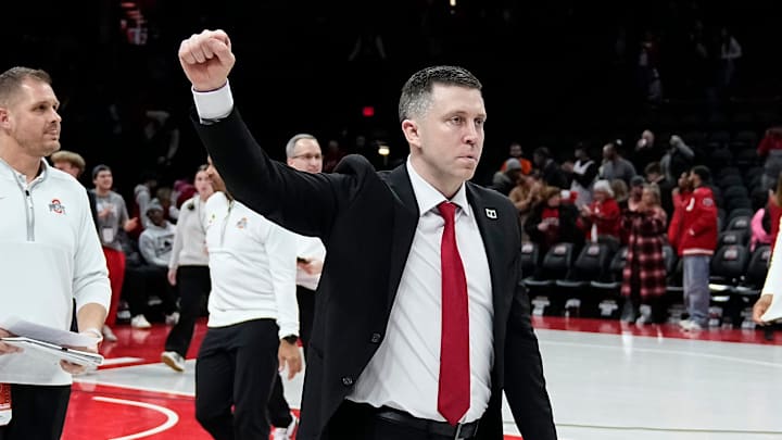 Ohio State Buckeyes head coach Jake Diebler celebrates following the 89-82 win over USC Trojans in the NCAA men's basketball game at the Schottenstein Center on Feb. 11, 2026.