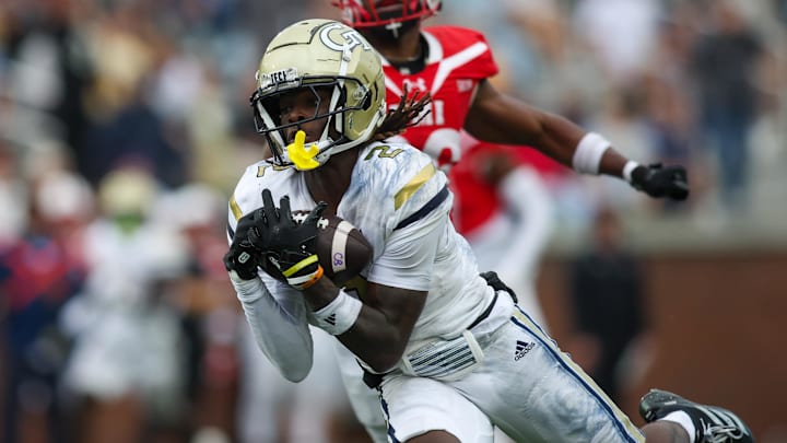 Sep 14, 2024; Atlanta, Georgia, USA; Georgia Tech Yellow Jackets wide receiver Eric Singleton Jr. (2) catches a pass against the Virginia Military Institute Keydets in the first quarter at Bobby Dodd Stadium at Hyundai Field. Mandatory Credit: Brett Davis-Imagn Images
