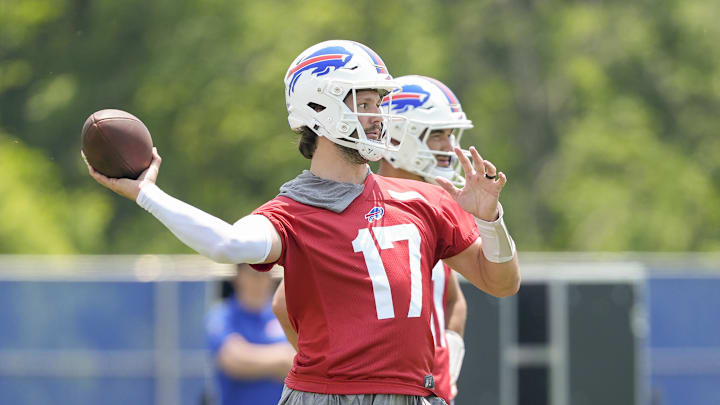 Jun 11, 2025; Orchard Park, NY, USA; Buffalo Bills quarterback Josh Allen (17) throws the ball during Minicamp at Highmark Stadium