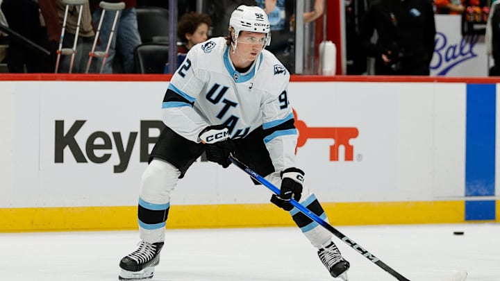 Sep 21, 2025; Denver, Colorado, USA; Utah Mammoth center Logan Cooley (92) before the game against the Colorado Avalanche at Ball Arena. Mandatory Credit: Isaiah J. Downing-Imagn Images