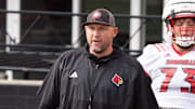 University of Louisville offensive line coach Richard Owens runs a drill during their second practice on Friday, Aug. 2, 2024 at L&N Federal Credit Union Stadium.