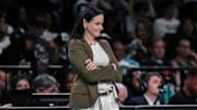 Aug 10, 2025; Brooklyn, New York, USA; New York Liberty head coach Sandy Brondello looks on during the first half against the Minnesota Lynx at Barclays Center. Mandatory Credit: John Jones-Imagn Images