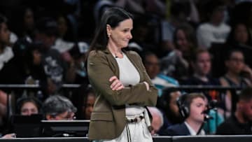 Aug 10, 2025; Brooklyn, New York, USA; New York Liberty head coach Sandy Brondello looks on during the first half against the Minnesota Lynx at Barclays Center. Mandatory Credit: John Jones-Imagn Images