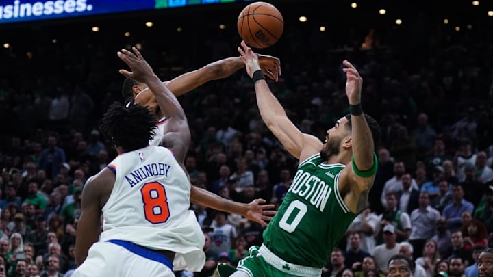New York Knicks forward Mikal Bridges defends against Boston Celtics forward Jayson Tatum in the 2025 NBA Playoffs