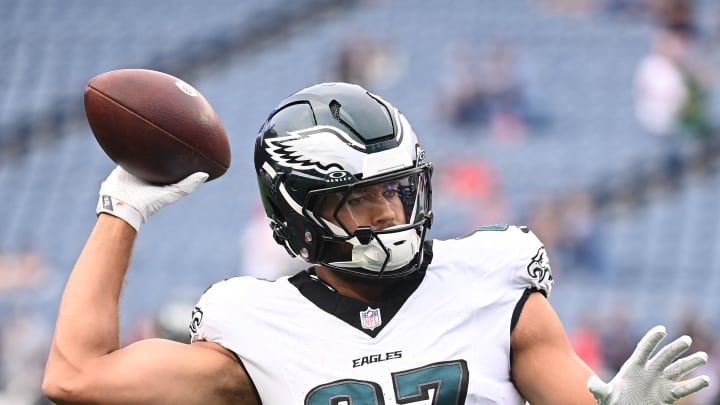 Aug 15, 2024; Foxborough, MA, USA; Philadelphia Eagles tight end C.J. Uzomah (87) warms up before a game against the New England Patriots at Gillette Stadium. Mandatory Credit: Eric Canha-USA TODAY Sports