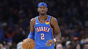 Oct 30, 2025; Oklahoma City, Oklahoma, USA; Oklahoma City Thunder guard Shai Gilgeous-Alexander (2) dribbles down the court against the Washington Wizards during the second half at Paycom Center. Mandatory Credit: Alonzo Adams-Imagn Images