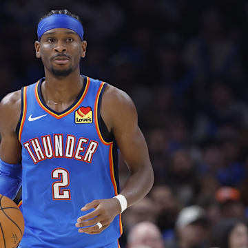 Oct 30, 2025; Oklahoma City, Oklahoma, USA; Oklahoma City Thunder guard Shai Gilgeous-Alexander (2) dribbles down the court against the Washington Wizards during the second half at Paycom Center. Mandatory Credit: Alonzo Adams-Imagn Images