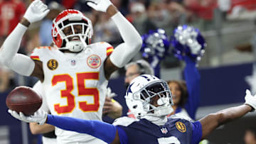 Nov 27, 2025; Arlington, Texas, USA; Dallas Cowboys wide receiver George Pickens (3) celebrates after catching a pass for a successful two-point conversion against Kansas City Chiefs cornerback Jaylen Watson (35) during the fourth quarter at AT&T Stadium. Mandatory Credit: Kevin Jairaj-Imagn Images