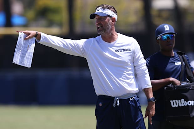 Dallas Cowboys offensive coordinator Brian Schottenheimer during training camp at the River Ridge Playing Fields in Oxnard, C