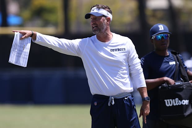 Dallas Cowboys offensive coordinator Brian Schottenheimer during training camp at the River Ridge Playing Fields.