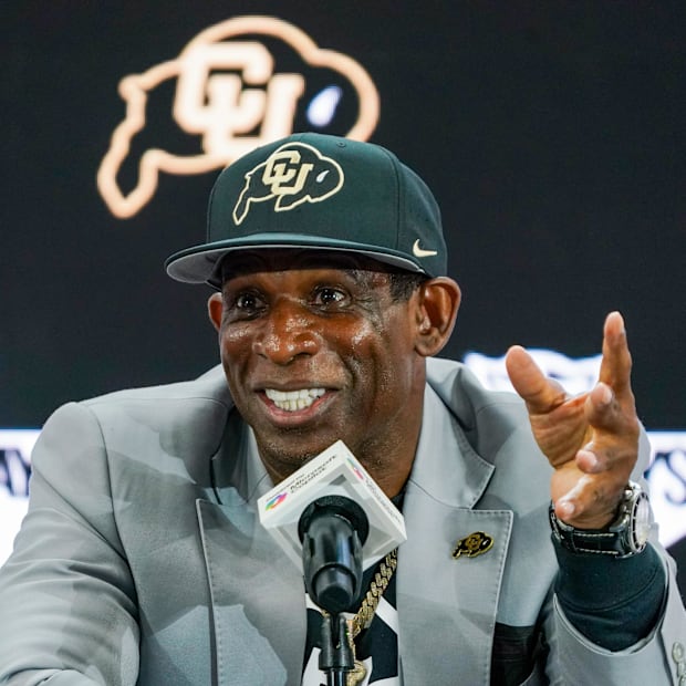 Jul 9, 2025; Frisco, TX, USA; Colorado head coach Deion Sanders speaks with the media during 2025 Big 12 Football Media Days 