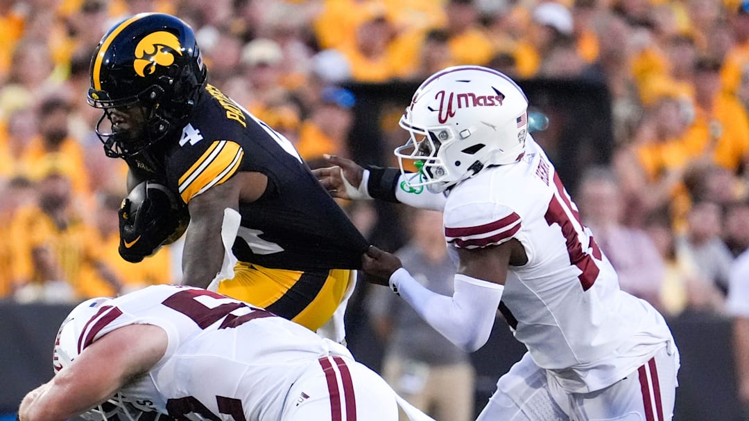 Iowa Hawkeyes running back Jaziun Patterson (4) runs the ball against the Massachusetts Minutemen Sept. 13, 2025 at Kinnick Stadium in Iowa City, Iowa.