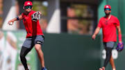 Infielder Royce Lewis throws to first during the Minnesota Twins' first full-squad workout of spring training at the Lee Health Sports Complex in Fort Myers, Fla., on Monday, Feb. 17, 2025.