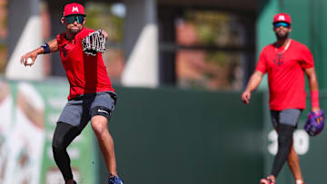 Infielder Royce Lewis throws to first during the Minnesota Twins' first full-squad workout of spring training at the Lee Health Sports Complex in Fort Myers, Fla., on Monday, Feb. 17, 2025.