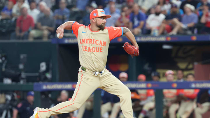 Jul 16, 2024; Arlington, Texas, USA; American League pitcher Kirby Yates of the Texas Rangers (39) pitches in the eighth inning during the 2024 MLB All-Star game at Globe Life Field. Mandatory Credit: Kevin Jairaj-USA TODAY Sports