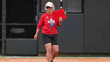 Nebraska head softball coach Rhonda Revelle during a NCAA super regionals softball game between the Tennessee Volunteers and Nebraska Cornhuskers at Sherri Parker Lee Stadium in Knoxville, Tenn., on May 25, 2025. Tennessee won 1-0 against Nebraska.