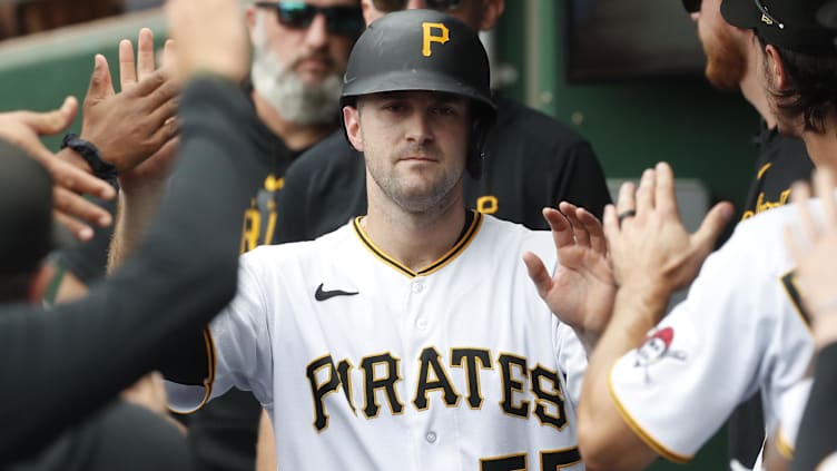 Aug 23, 2023; Pittsburgh, Pennsylvania, USA;  Pittsburgh Pirates catcher Jason Delay (55) high-fives